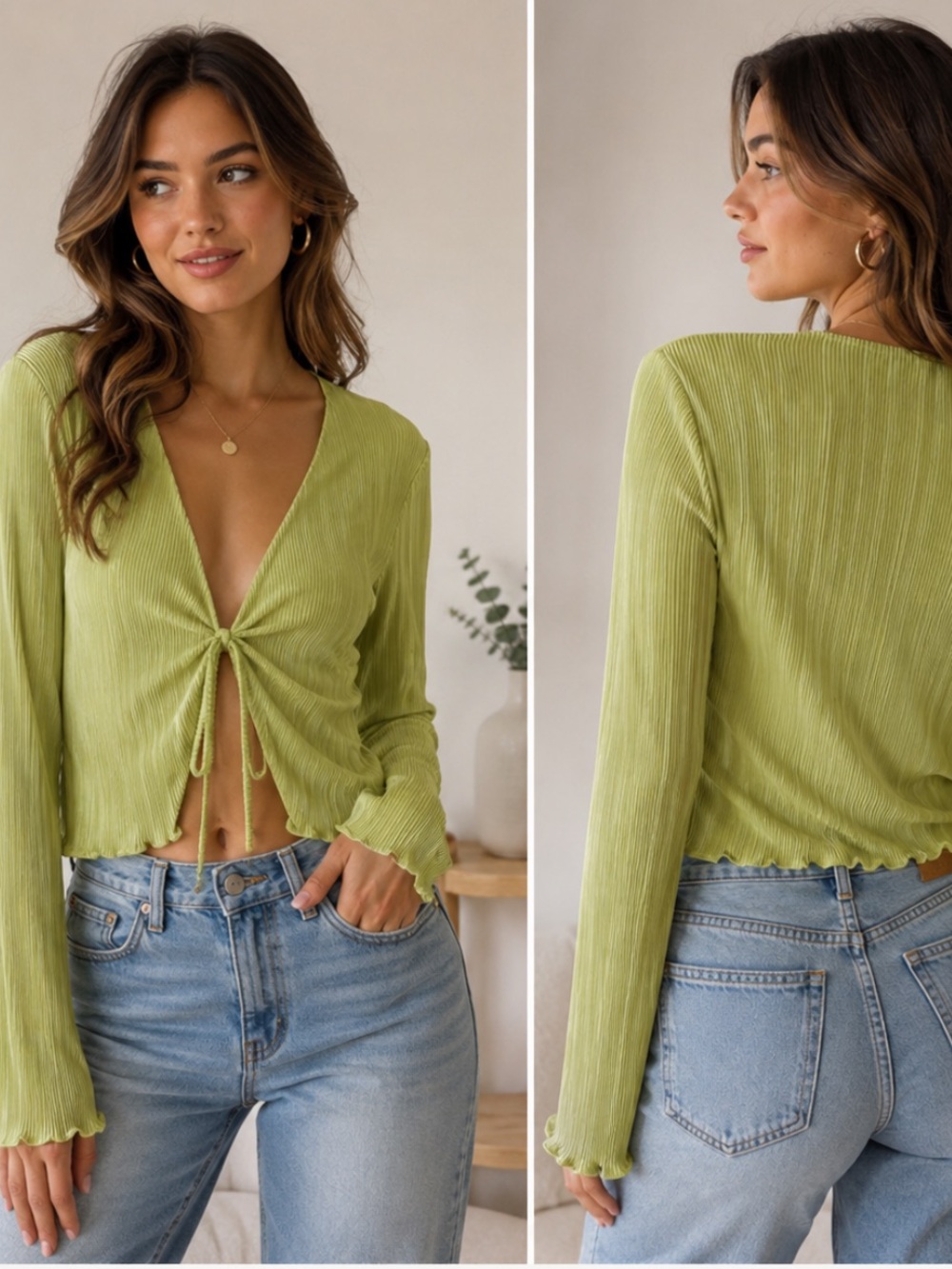PRETTY 💚 Light Green Tie-Front Top With Ruffle Edges